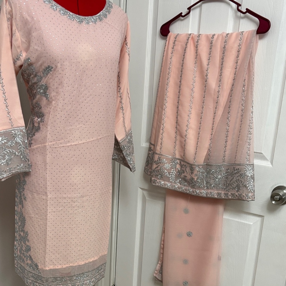 Peach Embroidered 3-Piece Salwar Kameez with Silver Threadwork